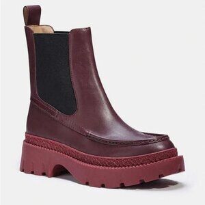 COACH Joey Leather Bootie Dark Cranberry Maroon Casual Chunky Ankle Boots Shoes